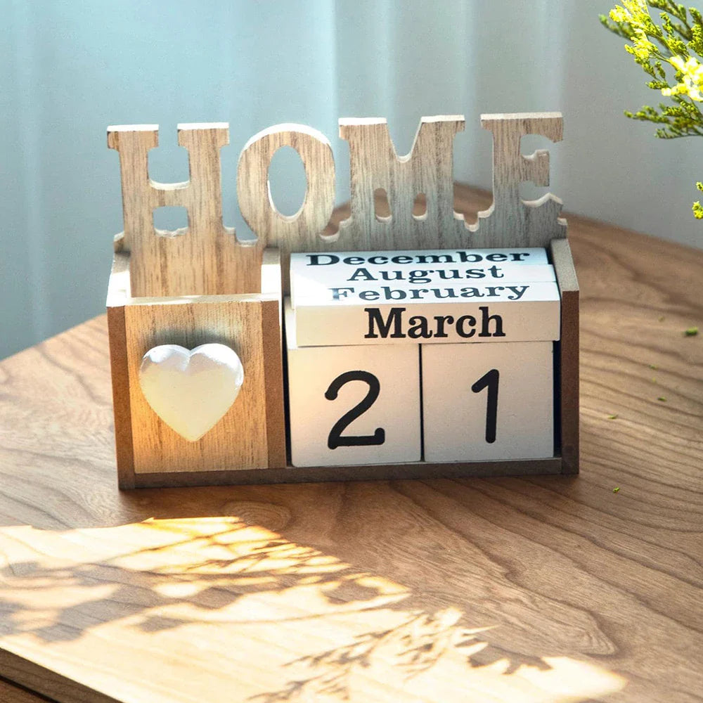 Wooden Perpetual Calendar & Pen Holder – Elegant Desk Organizer